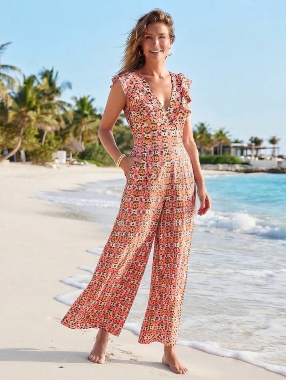 ADYSON PARKER Abstract Print V-Neck Ruffle Jumpsuit/Romper